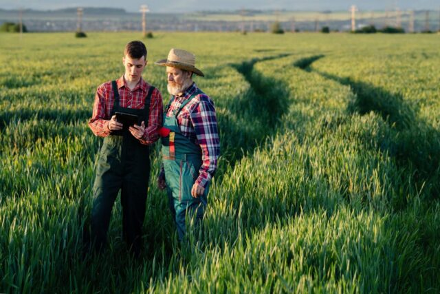 Two farmers working together in the agricultural field